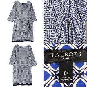 Talbots Dress Plus Size 1X Geometric Blue Shift 3/4 Sleeve Tie Stretch